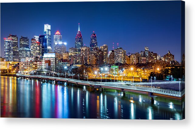 America Acrylic Print featuring the photograph Philadelphia skyline by night by Mihai Andritoiu