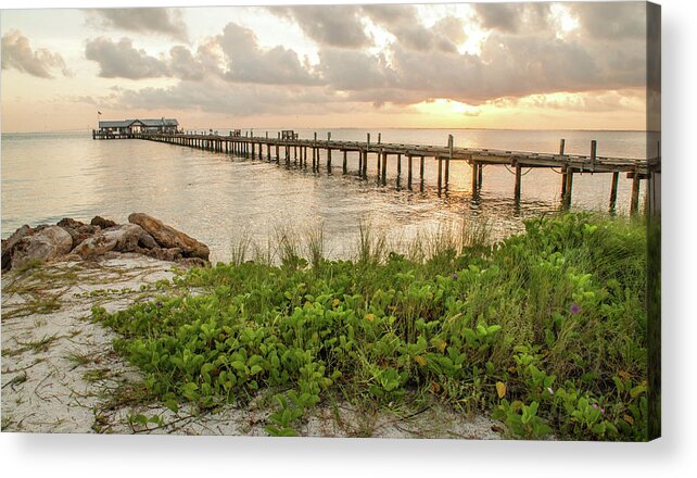 Pier.sunrise Acrylic Print featuring the photograph Pier at Sunrise by Geraldine Alexander