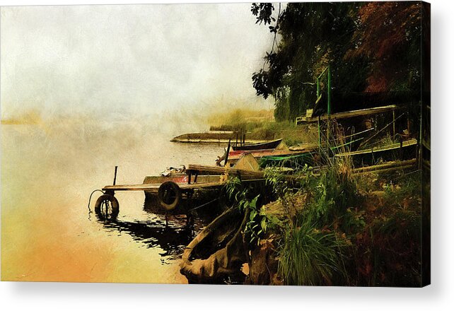 #river#water#boats#autumn#gold#fog#trees#city#pier#old#art#digital#painting#sky#photo Art #photo Painting Acrylic Print featuring the mixed media Pier In Gold by Aleksandrs Drozdovs