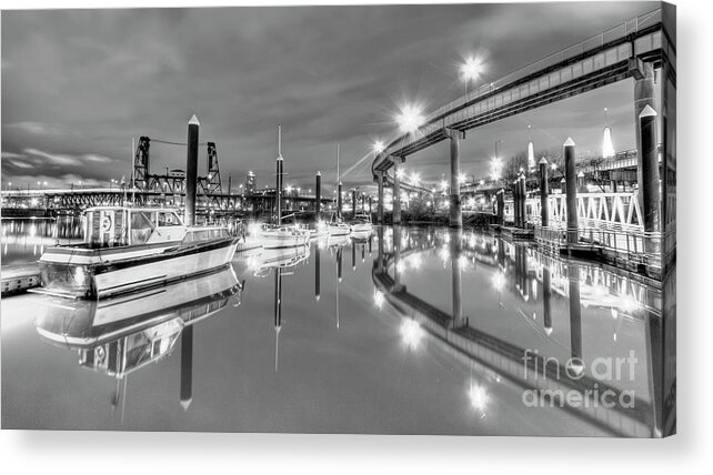 Portland Oregon Acrylic Print featuring the photograph Portland Waterfront Overpass and Boats by Dustin K Ryan