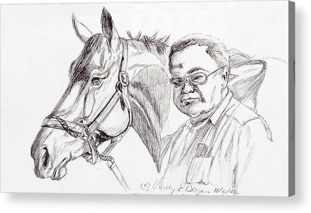 Race Horse Acrylic Print featuring the drawing Race horse and owner by Nancy Degan