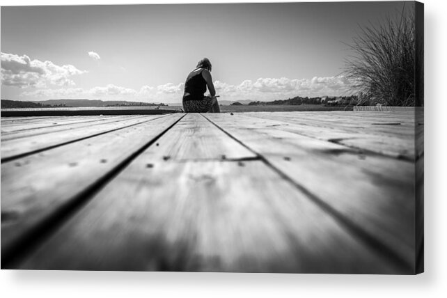 Black Acrylic Print featuring the photograph Reading - Oslo, Norway - Black and white street photography by Giuseppe Milo