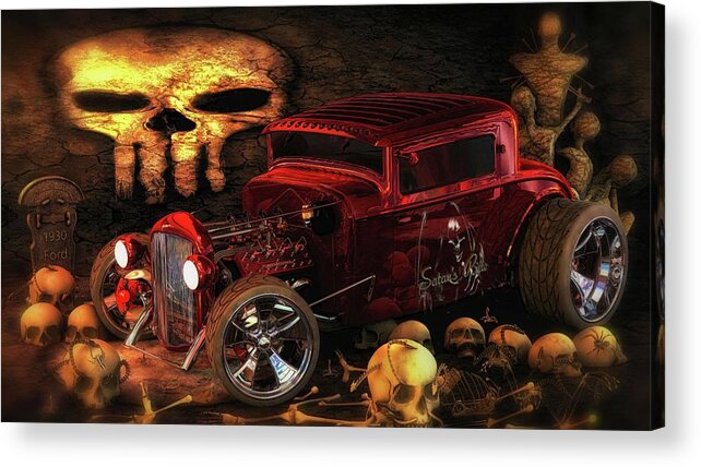 Ford # Ford Flathead # Hotrod # V8 # 1930 Ford # Multiple-carburetors # Custom Car # Skulls # Cinema 4d # Photoshop # Custom Hot Rod # Satanic #satan Acrylic Print featuring the digital art Satan Ride by Louis Ferreira