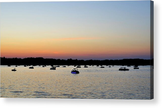 Webster Lake Acrylic Print featuring the photograph Single Blue Boat Webster Lake Sunset by Luke Moore