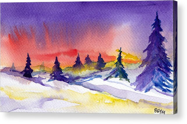 Evergreen Trees Acrylic Print featuring the painting Snow Sunset by Clara Sue Beym