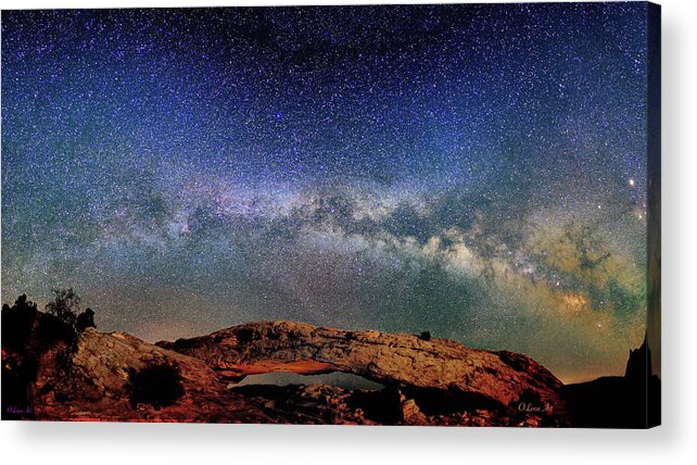 Starry Night Acrylic Print featuring the photograph Starry Night Over Mesa Arch by Lena Owens - OLena Art Vibrant Palette Knife and Graphic Design