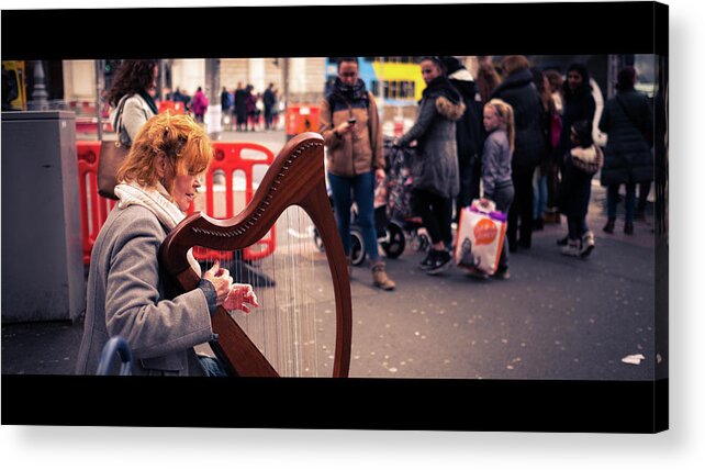 Artist Acrylic Print featuring the photograph The harpist - Dublin, Ireland - Color street photography by Giuseppe Milo
