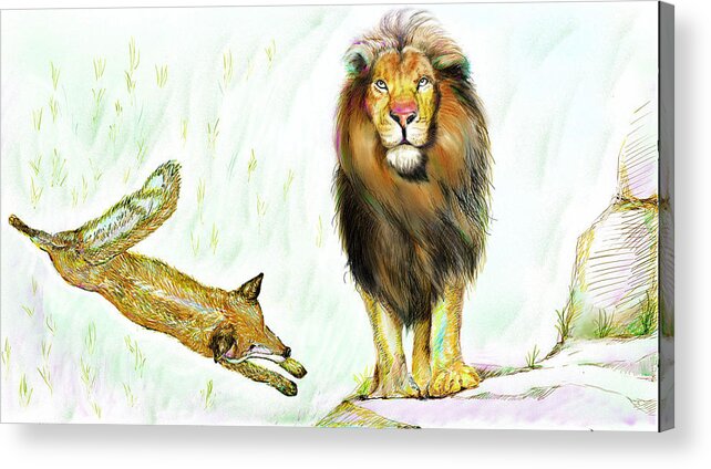 Lion Acrylic Print featuring the painting The Lion and The Fox 2 - The True FriendShip by Sukalya Chearanantana