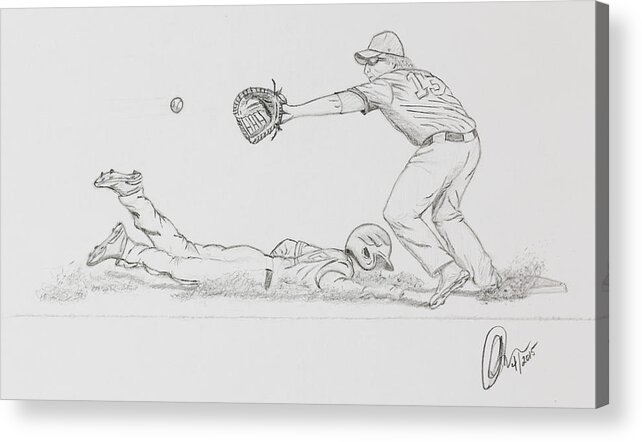 Baseball Acrylic Print featuring the drawing The Pick Off by Chris Thomas