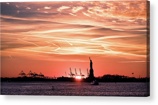 Architecture Acrylic Print featuring the photograph The Statue of Liberty at sunset - New York - Travel photography by Giuseppe Milo