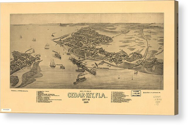 Cedar Key Acrylic Print featuring the drawing Vintage Pictorial Map of Cedar Key FL by CartographyAssociates
