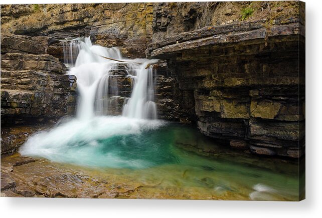 Alberta Acrylic Print featuring the photograph Waterfall at Johnston Canyon by Bruno Doddoli