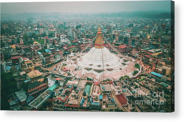 Buddhist Acrylic Print featuring the photograph Stupa temple Bodhnath Kathmandu, Nepal from air October 12 2018 #1 by Raimond Klavins
