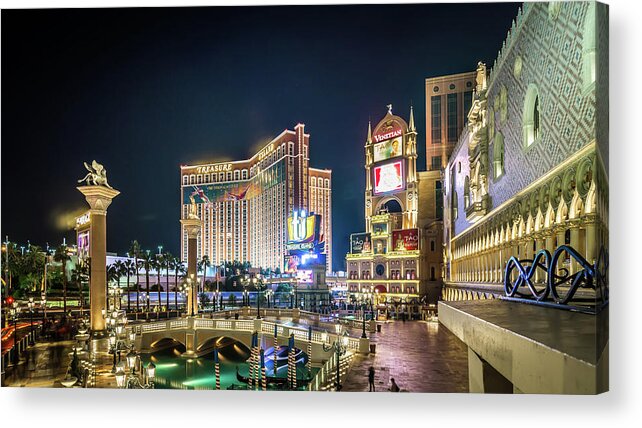 Vegas Acrylic Print featuring the photograph Nightime On Vegas Strip In Las Vegas Nevada #3 by Alex Grichenko