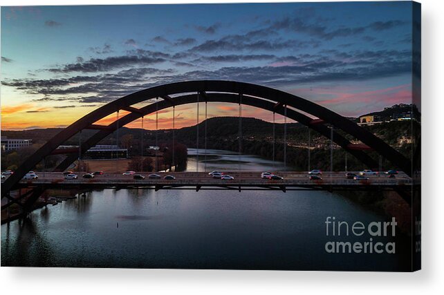 Pennybacker Bridge Acrylic Print featuring the photograph A Colorful sunset paints the sky over the 360 Bridge in west Aus by Dan Herron