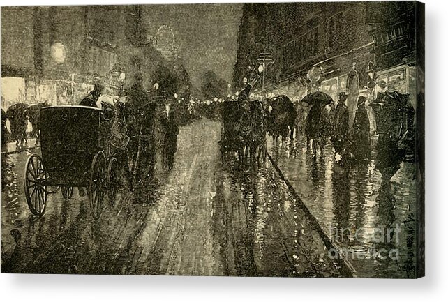 People Acrylic Print featuring the drawing A Rainy Night - Street Lighted by Print Collector
