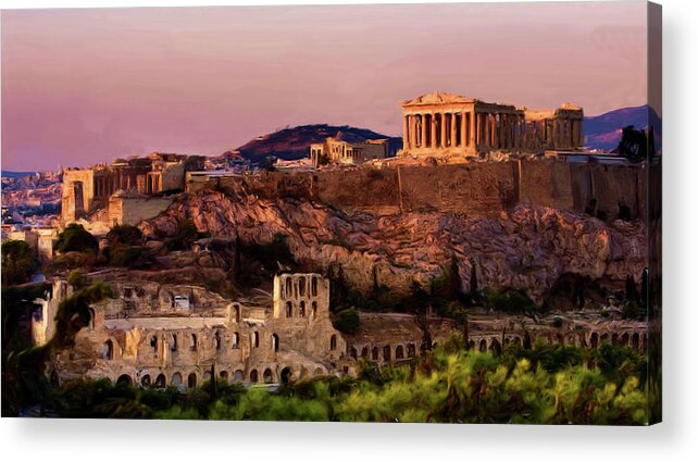 Troy Caperton Acrylic Print featuring the painting Acropolis at Twilight by Troy Caperton