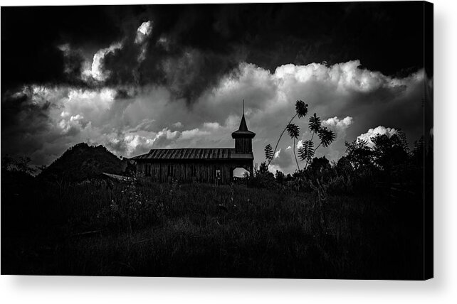 Church Acrylic Print featuring the photograph Ancient Wooden Church With Storm Clouds by Chris Lord