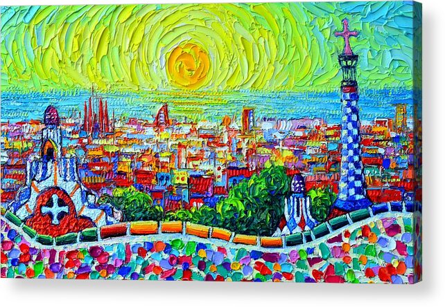 Barcelona Acrylic Print featuring the painting BARCELONA PARK GUELL SUNRISE textural impasto abstract city knife oil painting by Ana Maria Edulescu by Ana Maria Edulescu