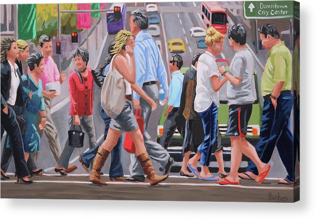 Crosswalk Acrylic Print featuring the painting Crosswalk Crowd by Kevin Hughes