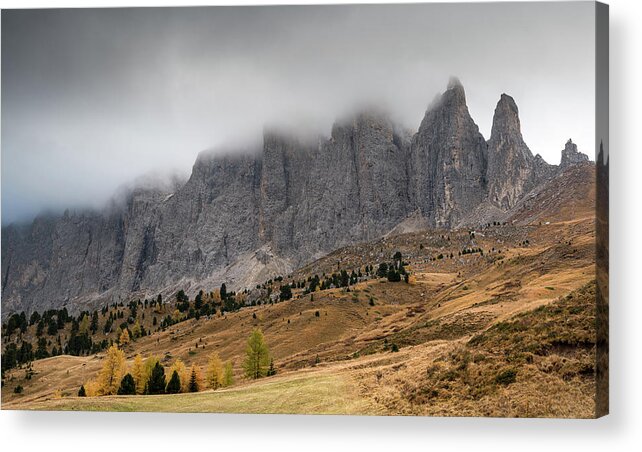Mood Acrylic Print featuring the photograph Foggy mountain landscape of the picturesque Dolomites mountains by Michalakis Ppalis