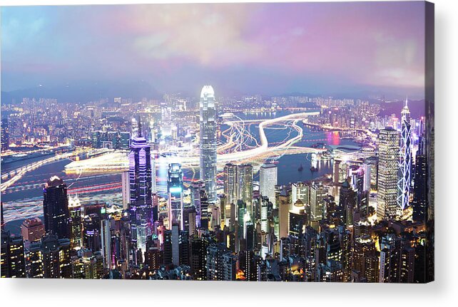 Chinese Culture Acrylic Print featuring the photograph Hong Kong At Night, Long Exposure by Ymgerman