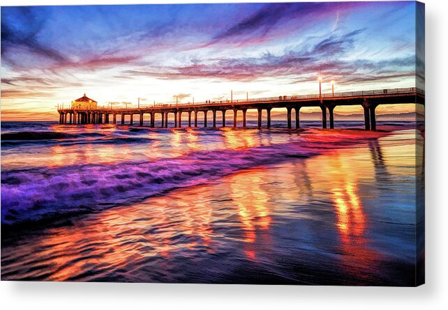 Manhattan Beach Acrylic Print featuring the painting Manhattan Beach Pier Sunset by Christopher Arndt