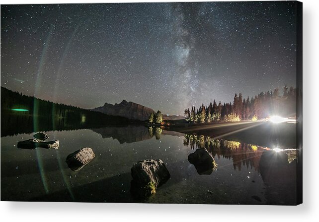 Horizontal Acrylic Print featuring the photograph Milky Way Over Two Jack Lake, Banff by Jonathan Tucker
