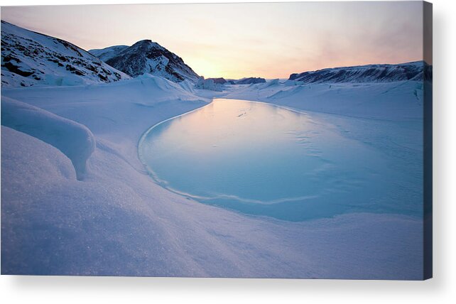 Melting Acrylic Print featuring the photograph Mountains At Sunset And Melting Sea Ice by Justin Lewis