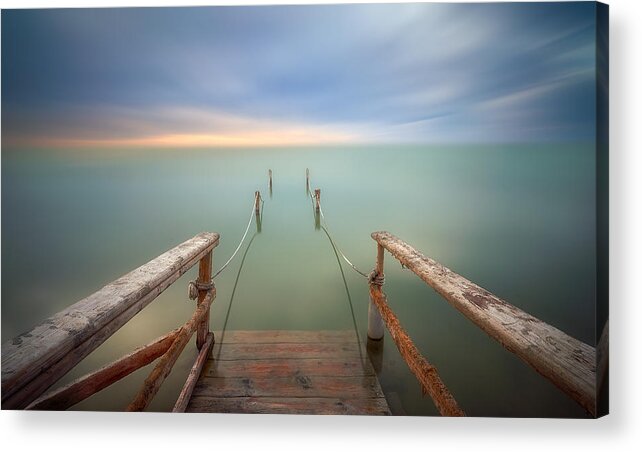 Cloud Sky Dawn Boardwalk Footbridge Day Good Material Landscape Scenery Scenics Nature Sea No People Outdoors Nature Water Pier Sunset Horizon Tranquil Scene Horizon Over Water Tranquility Beach Acrylic Print featuring the photograph Out To Sea by Bartolome Lopez