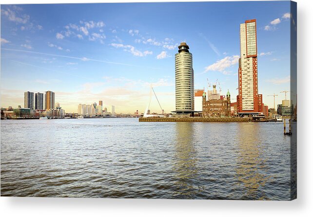 Erasmus Bridge Acrylic Print featuring the photograph Panorama Of Rotterdam The Netherlands by Pidjoe
