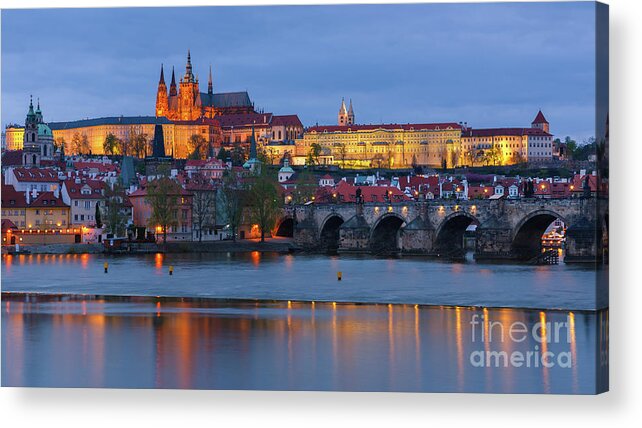 Architecture Acrylic Print featuring the photograph Prague Castle and Charles Bridge at Twilight by Henk Meijer Photography