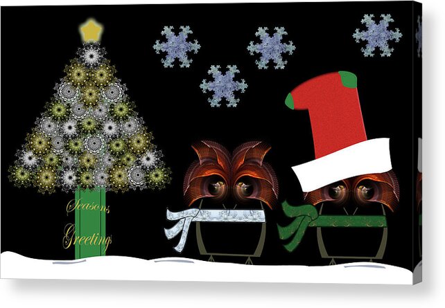 Seasons Greetings Christmas Owls Acrylic Print featuring the digital art Seasons Greetings Christmas Owls by Fractalicious