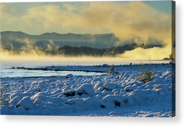 Snow Acrylic Print featuring the photograph Snowy Shoreline Sunrise by Tom Gresham