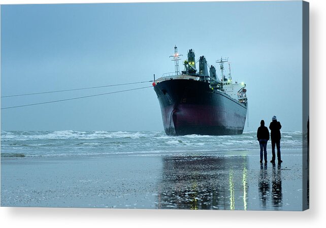 Water's Edge Acrylic Print featuring the photograph Stranded Empty Container Ship On Beach by Pidjoe