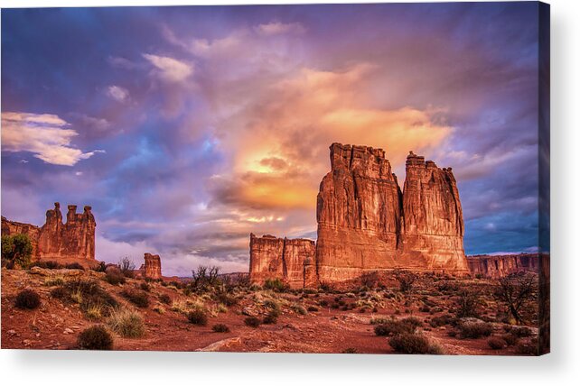 Arches National Park Acrylic Print featuring the photograph Sunrise on The Organ, Tower of Babel and the Three Gossips by Brenda Jacobs