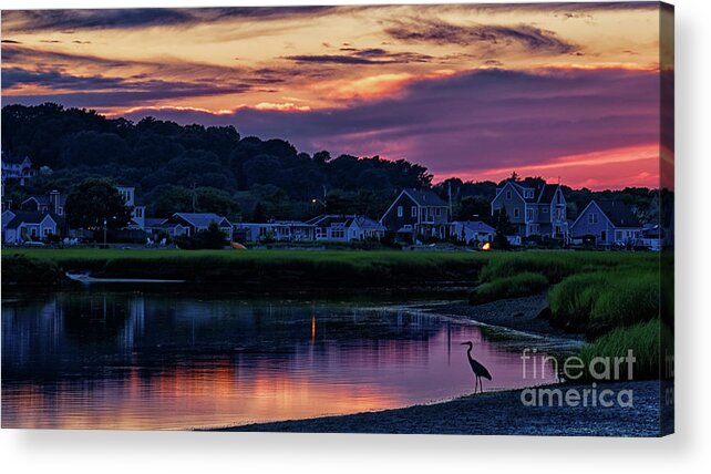 Rexham Beach Acrylic Print featuring the photograph Sunset at Rexham Beach with Blue Heron by Mark OConnell