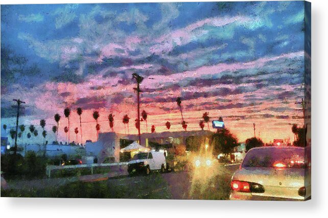 Sunset Acrylic Print featuring the digital art Sunset in Santa Monica by Bernie Sirelson