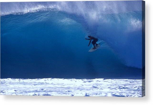 Water's Edge Acrylic Print featuring the photograph Surfer On A Blue Wave by Ianmcdonnell
