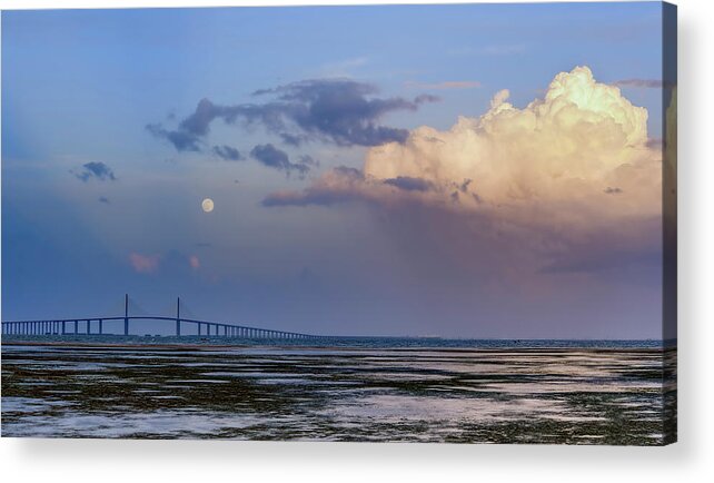 Landscape Acrylic Print featuring the photograph Tampa Bay Moon Rise At Sunset by Steven Sparks