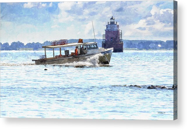 2d Acrylic Print featuring the digital art Workboat And Sandy Pt Shoal Lighthouse Watercolor FX by Brian Wallace
