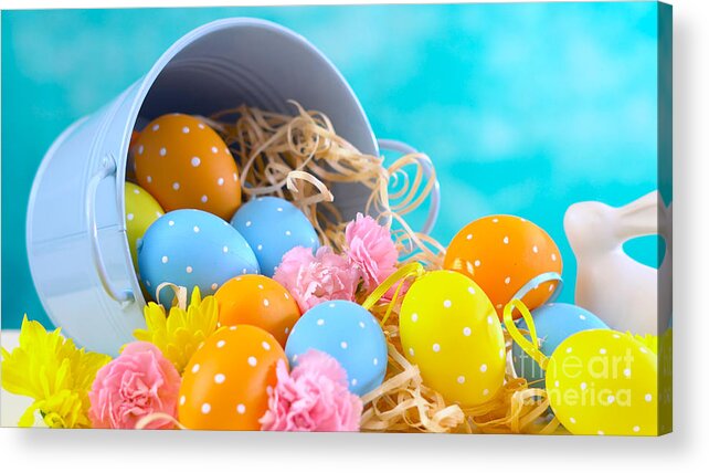 Easter Acrylic Print featuring the photograph Happy Easter ornaments, eggs and spring flowers #1 by Milleflore Images