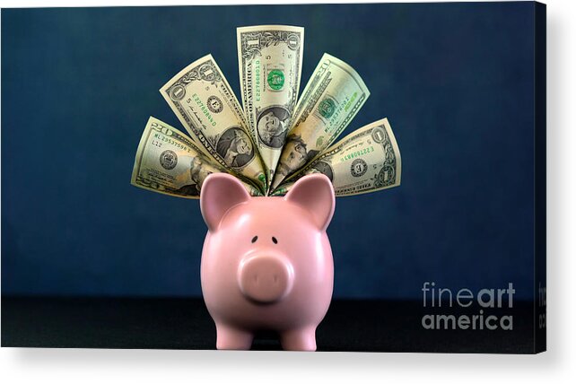 401k Acrylic Print featuring the photograph Pink Piggy bank money concept on dark blue background #1 by Milleflore Images