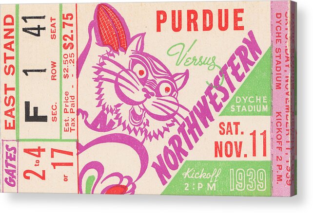 Northwestern Tickets Acrylic Print featuring the mixed media 1939 Northwestern vs. Purdue by Row One Brand