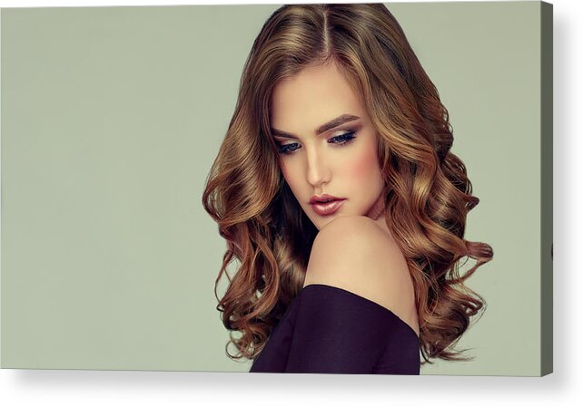 Make-up Acrylic Print featuring the photograph Brown haired woman with voluminous, shiny and curly hairstyle.Frizzy hair. #2 by EdwardDerule