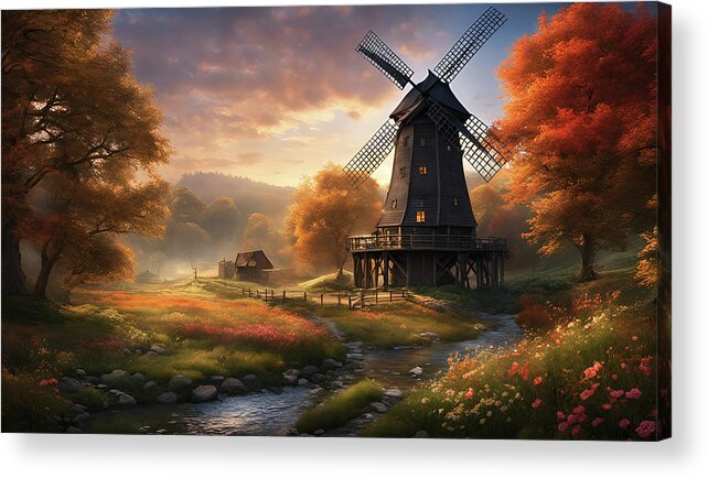 Windmill Acrylic Print featuring the mixed media 241pg-Fantastical old windmill and lake and garden-1545 by Donald Keith