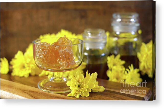 Honey Acrylic Print featuring the photograph Raw honeycomb with liquid honey in glass jar with lavendar. #5 by Milleflore Images