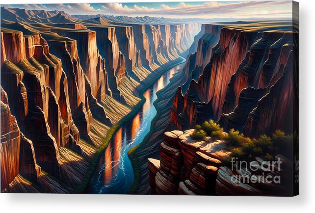 Canyon Acrylic Print featuring the painting A breathtaking canyon with a river winding through it viewed from high above by Jeff Creation