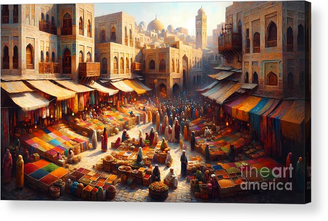 Market Acrylic Print featuring the painting A bustling colorful market in an exotic ancient city by Jeff Creation