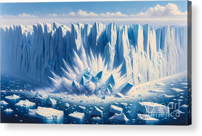 Glacier Acrylic Print featuring the painting A colossal glacier calving into the ocean with icebergs floating around by Jeff Creation
